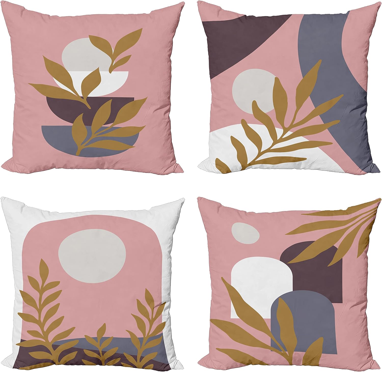 Ambesonne Minimal Throw Pillow Cushion Case Pack of 4, Modern Style Leaf Branch and Geometric Abstract Details Contemporary, Modern Accent Double-Sided Digital Printing, 18", Rose Fawn and Eggplant