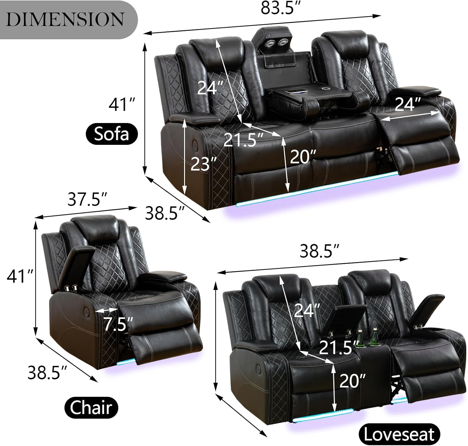 Power Recliner Sofa Set for Living Room, Leather Reclining Sofa Sets with Storage Console, Living Room Furniture Sets with LED Lights(Sofa, loveseat and Chair,Black)