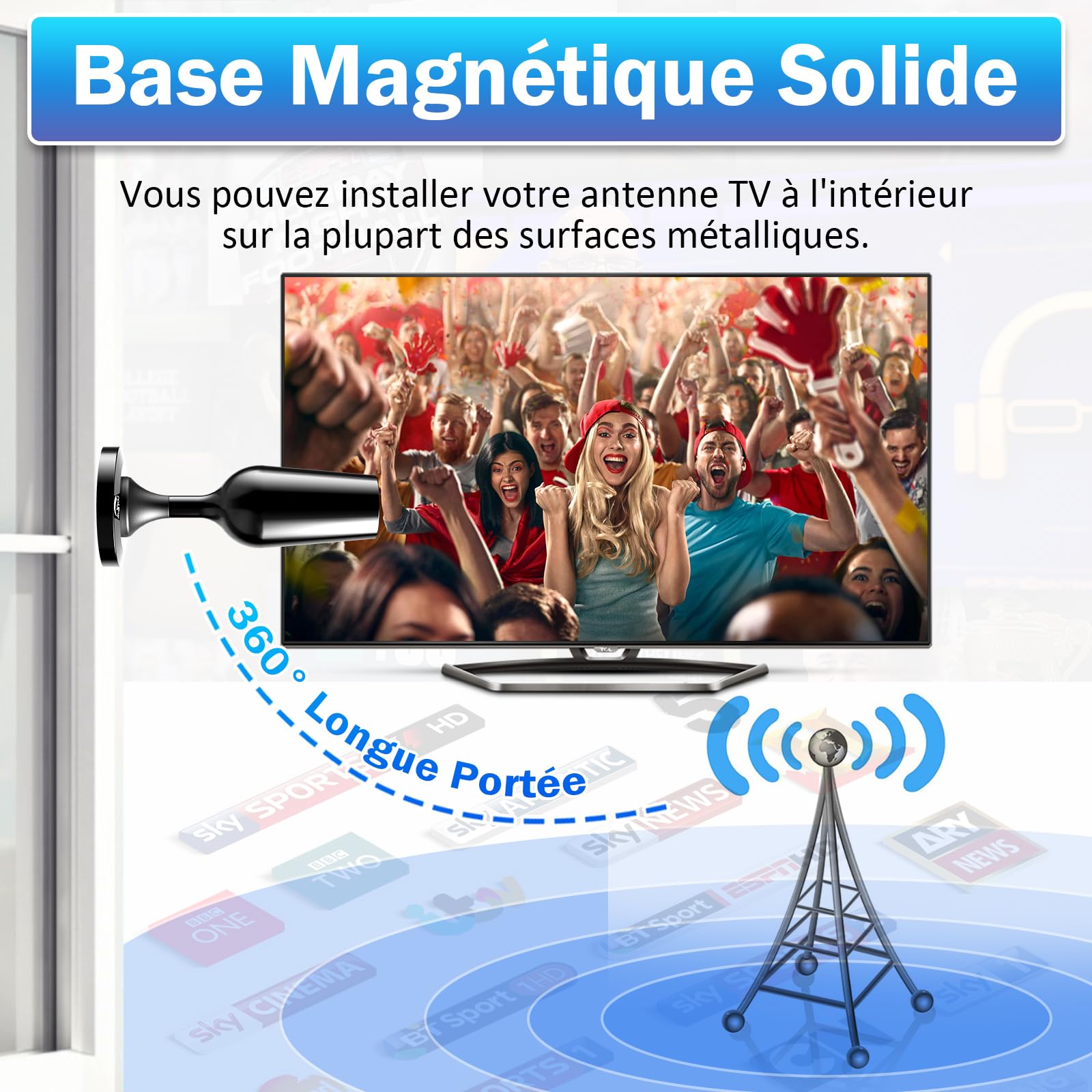 Antenne TNT Intérieure Amplifiée 460+ Km - Réception 360°, Compatible TV 4K, Smart TV, Gain élevé