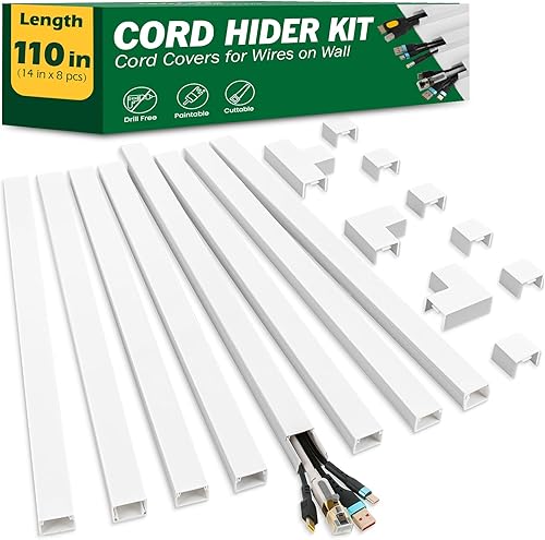 AZEN Kit para ocultar cables, cubiertas de cable de 110 pulgadas para cables en la pared, cubiertas de alambre pintables para cables en la pared,