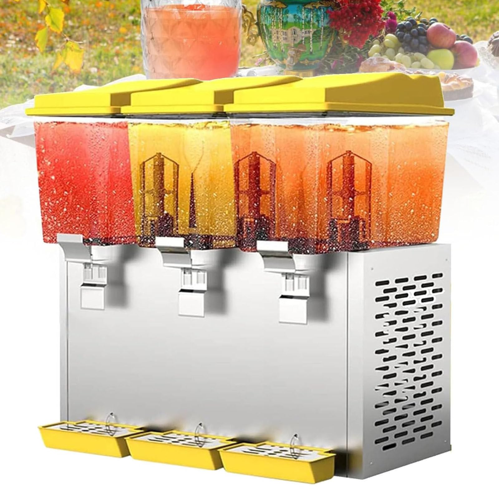 Dispensador comercial de bebidas con tres espigas, acero inoxidable y construcción de vidrio para bufés y bares