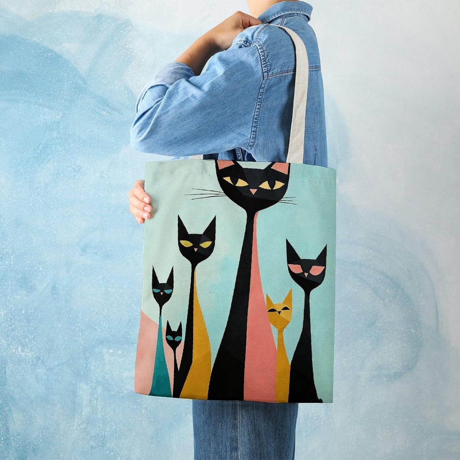 Mid-Century Cat Canvas Tote Bag Reusable Grocery Bags Foldable Soft Cotton Shoulder Carry Bag