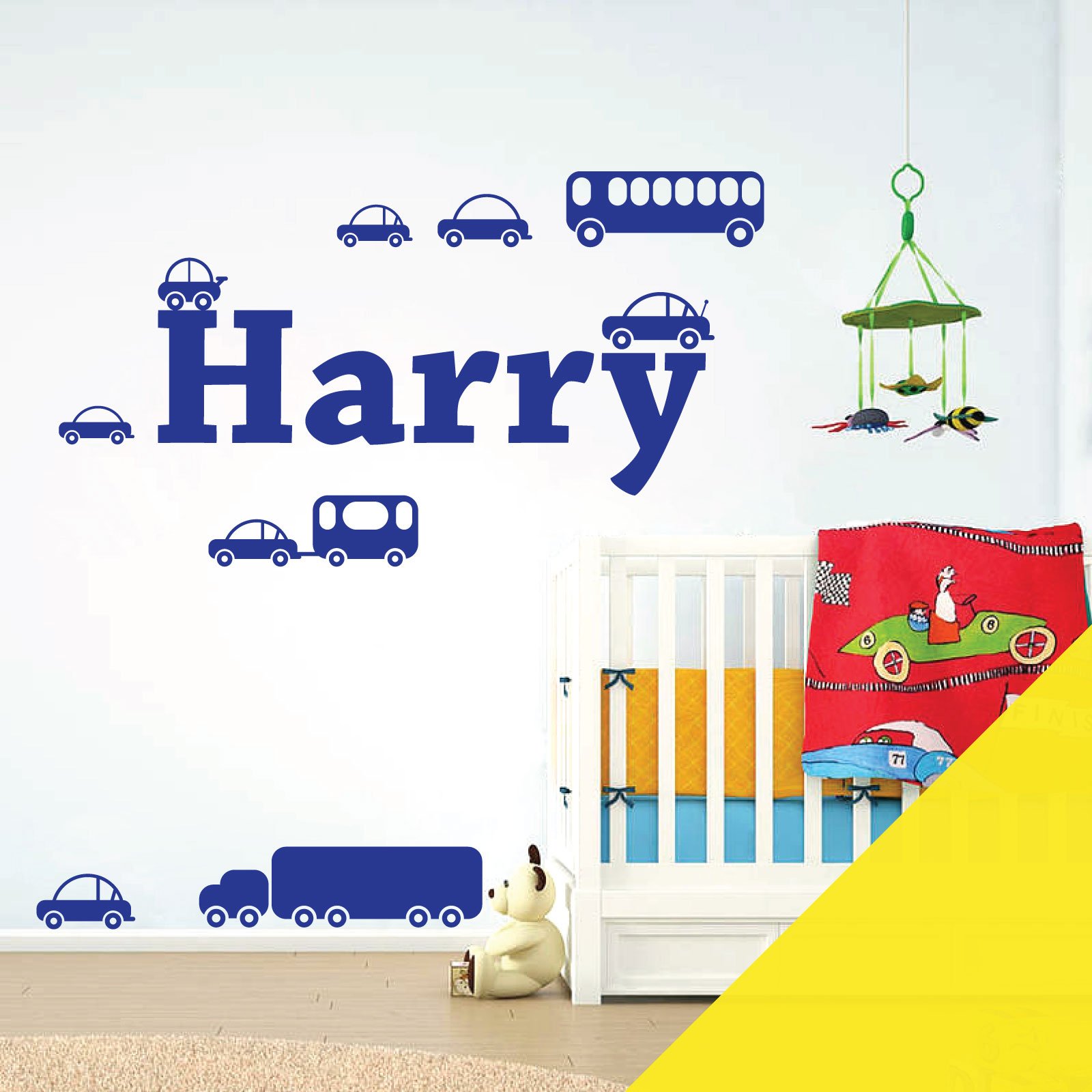 Personalised Name Boys Wall Art Sticker - Cartoon Trucks, Cars, Bus, Caravan, Taxi Set [Medium] [Lemon] — image 1