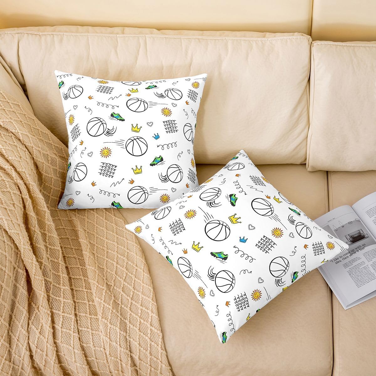 Feelyou Basketball Throw Pillow Covers Set of 2 Gaming Sports Cushion Covers Ball Games Pillow Case for Couch Sofa Gift for Basketball Lover Cushion Case Kids Boys Girls Bedroom Decor 24 x 24-Inch image 2