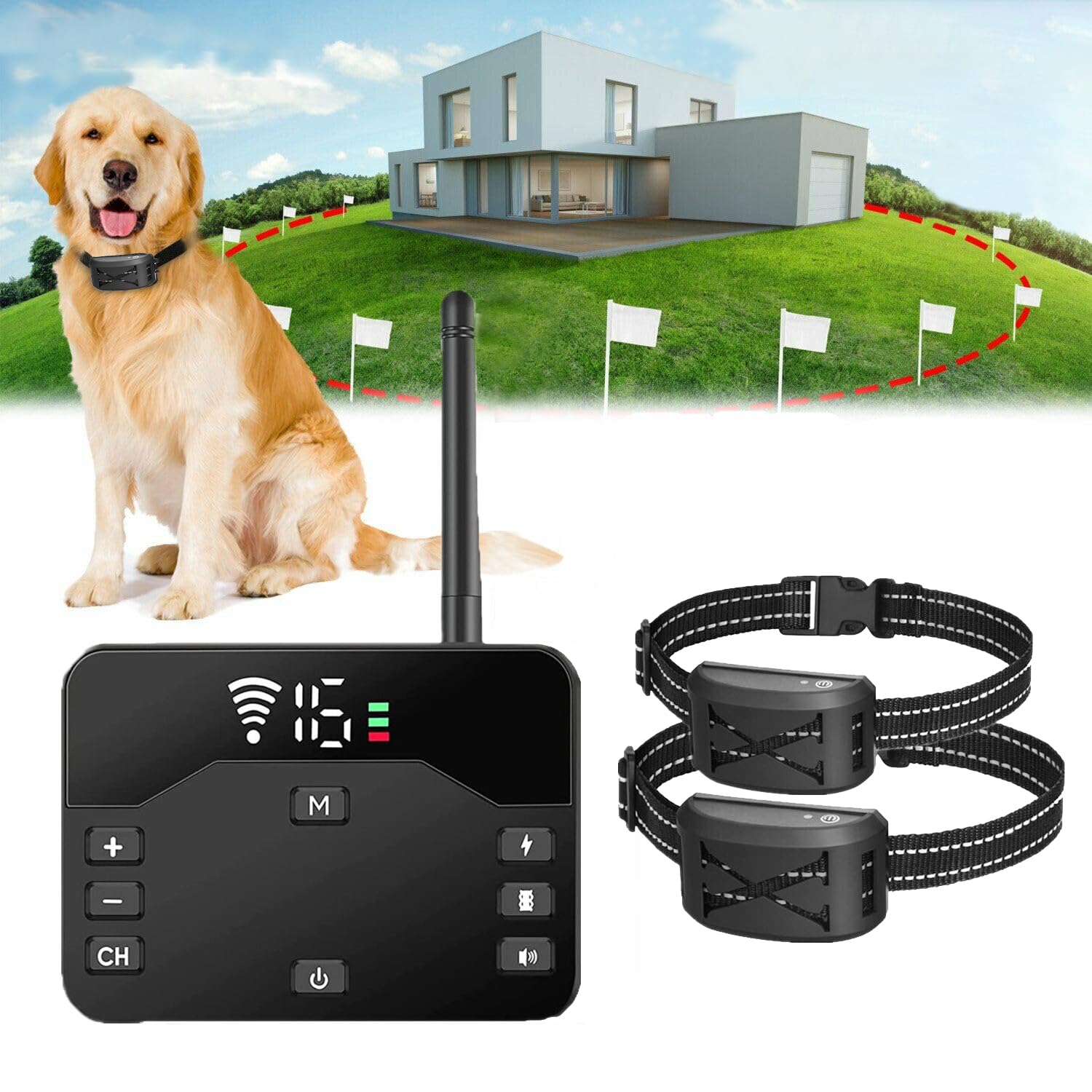 Wireless Dog Fence Electric Training Collar 2-in-1 Remote Waterproof Rechargeable Training Collar Shock Tone Correction Adjustable Control Range