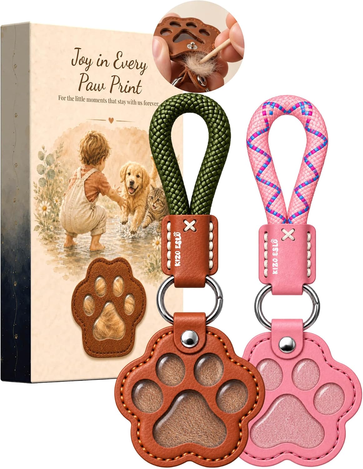 2-Pack Dog Hair Keychain Keepsake with Braided Straps, Gifts for Pet Lovers