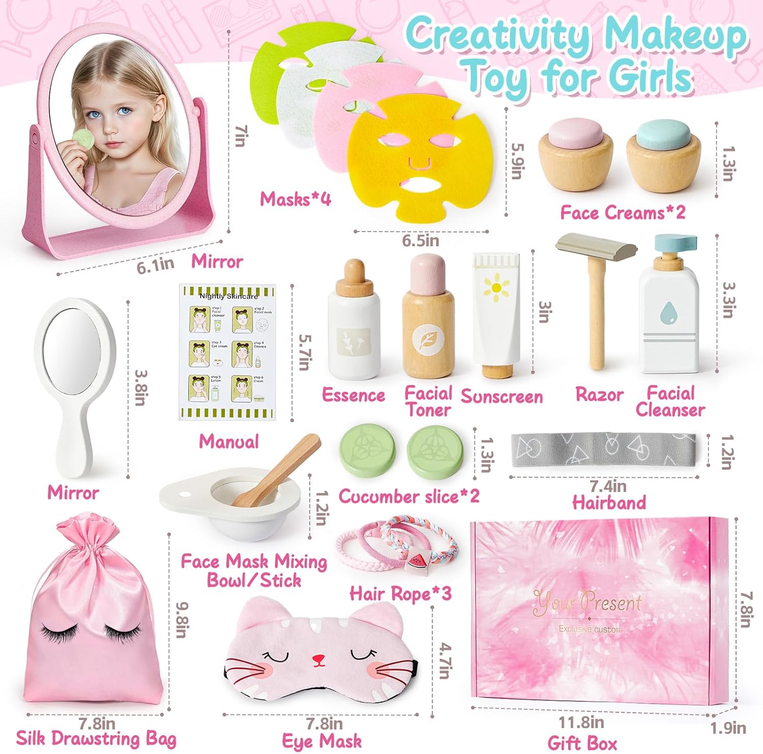 Toyssa Wooden Makeup Toy Set for Girls, Play Pretend Makeup for Toddlers 3-5 Princess Dress Up with Mask & Mirror, Skin Care Set Wooden Toys Christmas Birthday Gifts for 3 4 5 6 Years Girls