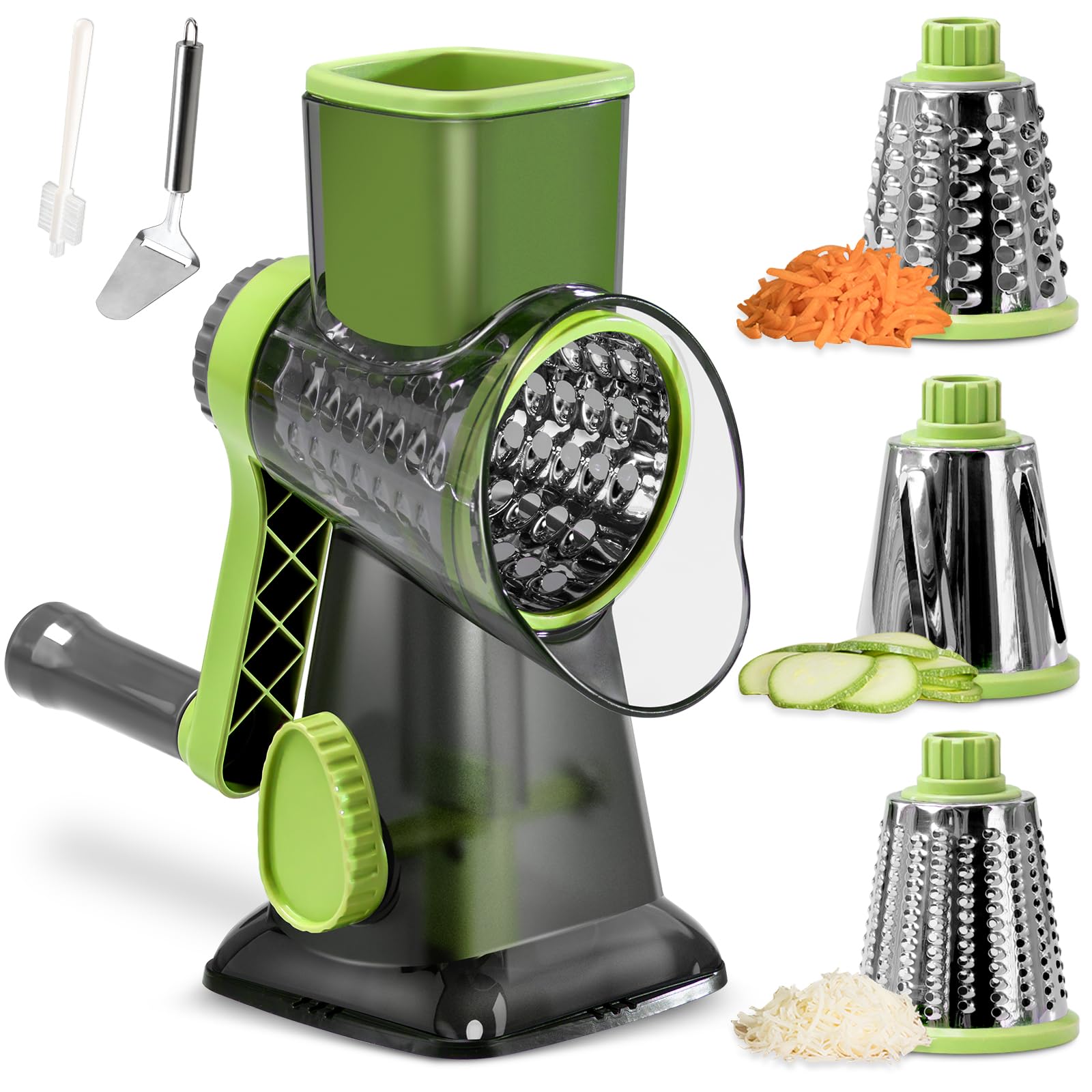 Badelite Cheese Grater Hand Crank Rotating Cheese Shredder Stainless Steel Vegetable Slicer Grater for Kitchen 3 Blades for Cheese, Carrot, Cucumber, Nuts, Chocolate, Green