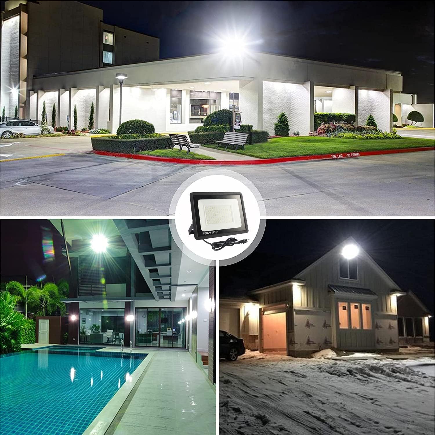 4Pack LED Flood Light Outdoor,150W LED Work Light 15000lmwith 6FT US Plug,IP66 Waterproof Exterior Security Lights,6000K Daylight White Outside Floodlights Slim Design for Playground Yard