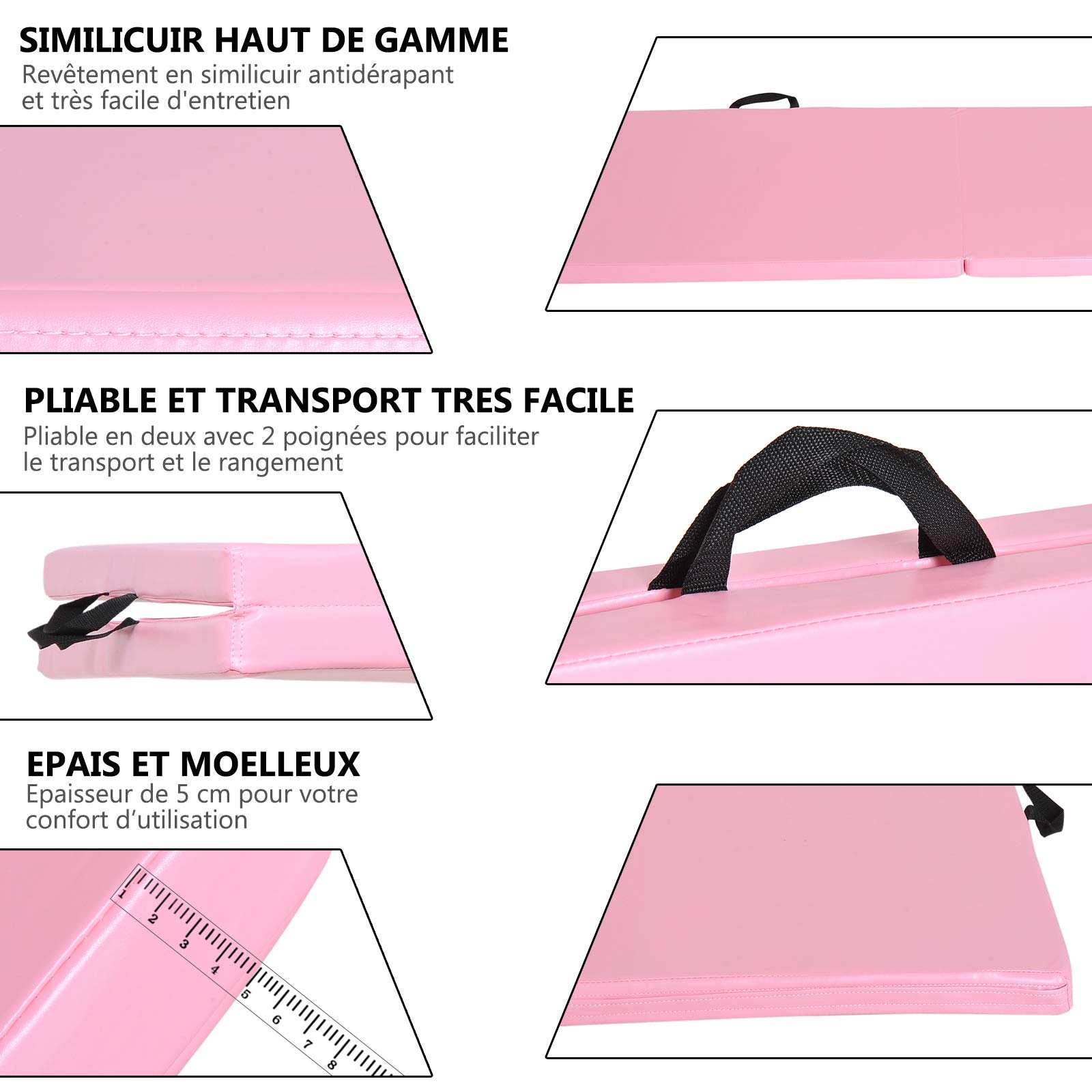 Tapis de gymnastique yoga pilates fitness pliable portable grand confort 180L x 60l x 5H cm simili cuir