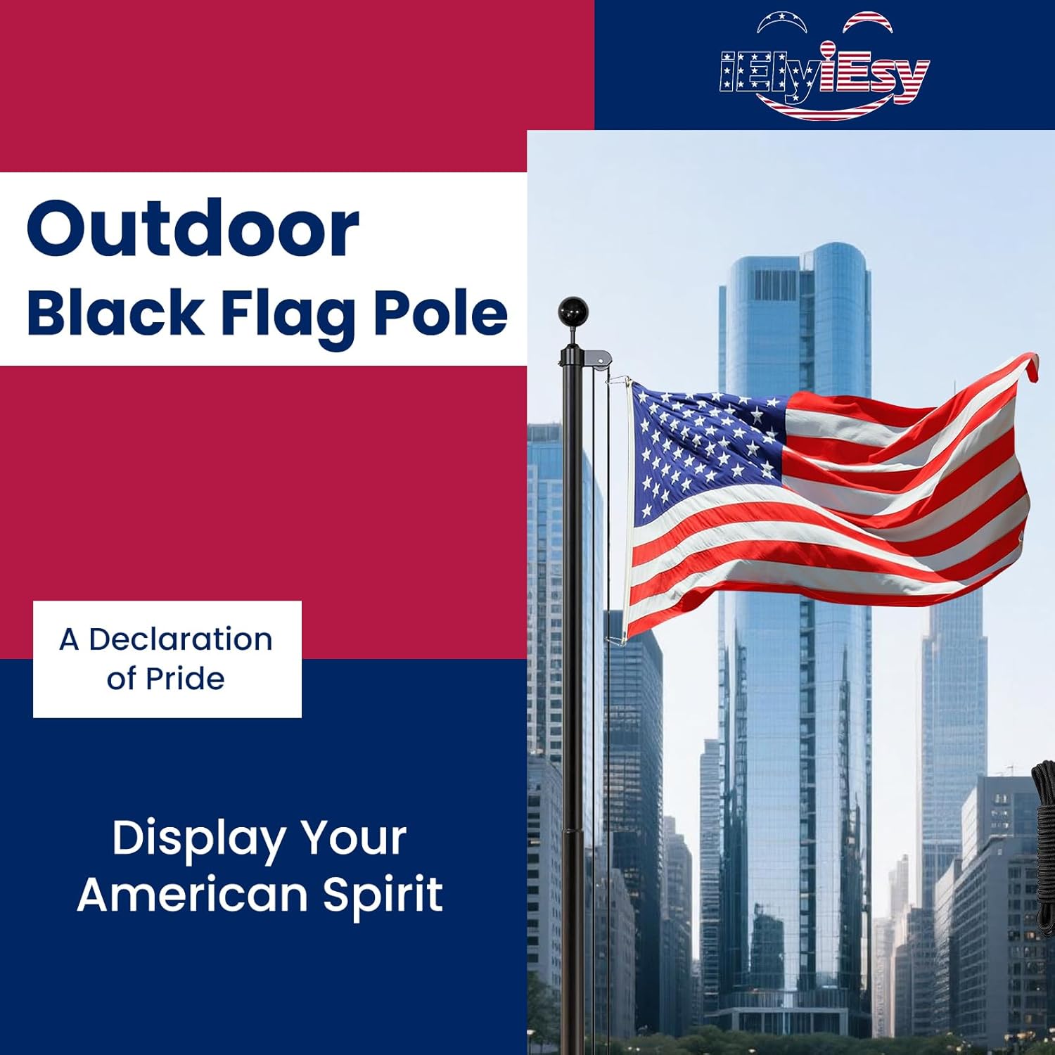 iElyiEsy 25FT Flag Pole Kit Black Flagpole with 3x5 FT US Flag, Aluminum Heavy Duty Flagpole with Black Ball Top for Outside House, Yard, Garden, Residential