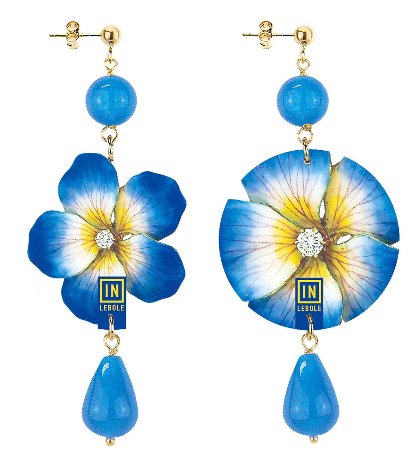 Collezione The Circle Fiore Azzurro Fondo Bianco Orecchini da Donna in Ottone Pietra Azzurro
