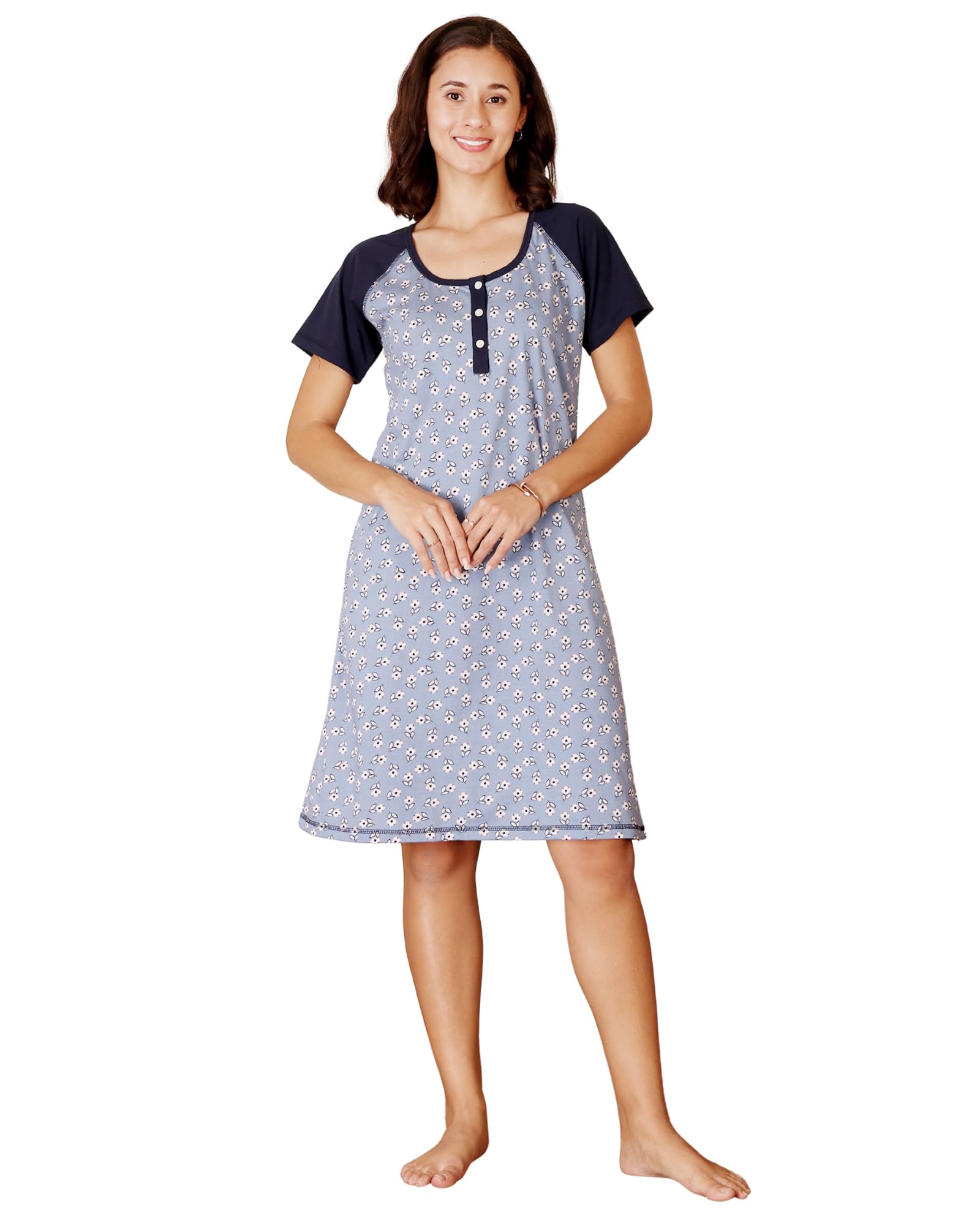 bodycare Women’s Nightdress | Multicolor Cotton Nighty | Knee-Length, Short Sleeves, Relaxed Fit, with Pockets | Combed Cotton Fabric-picture-26