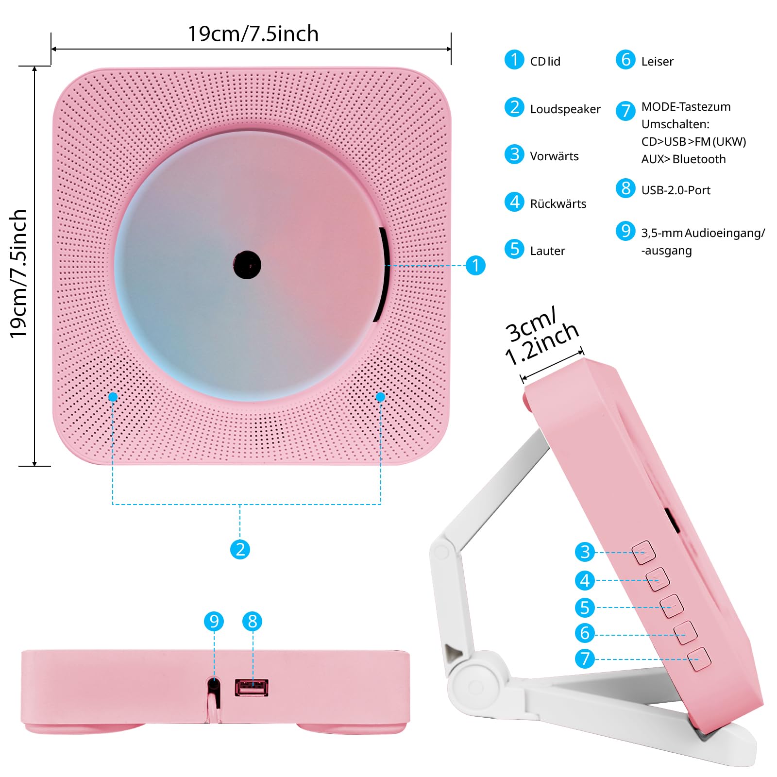 CD Spieler mit Bluetooth Wand und Tischmontage Multifunktional Tragbarer CD Player mit HiFi-Lautsprechern Musik CD-Player Unterstützt AUX/USB für Geschenk (Rosa)