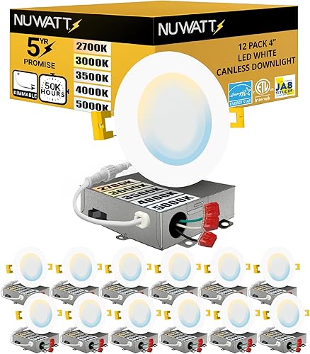 NUWATT Paquete de 12 luces LED empotrables ultrafinas de 4 pulgadas, 5CCT 2700K3000K3500K4000K5000K seleccionable, 630LM, 9W, clasificación IC,