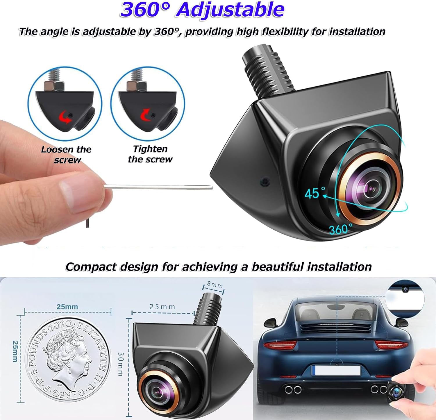 1080P AHD Backup Camera with 170° Wide Angle, 360° Rotatable, Night Vision, IP69K Waterproof - Front/Rear/Side View Reverse Camera for Trucks, Cars, SUVs (AHD1080P)