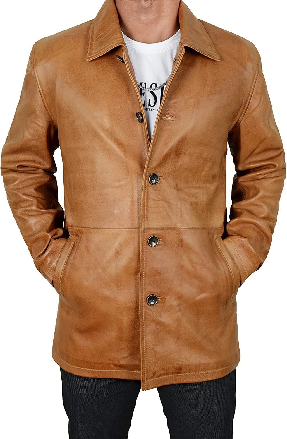 Men's Distressed Brown Leather Coat – 3/4 Length Vintage Style Real Leather Jacket Coat for Men