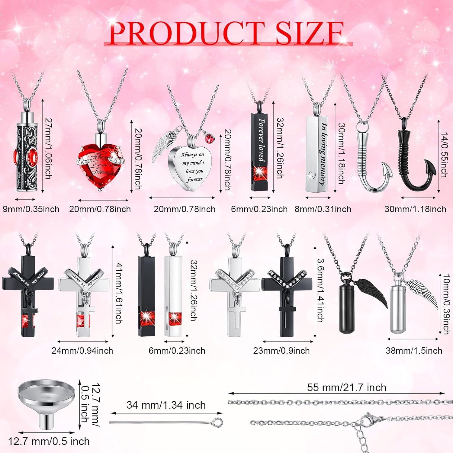 16 Pcs Urn Necklace for Ashes Waterproof Stainless Steel Carved Ashes Locket with 8 Filling Kit Heart Cylinder Cross Cubic Fish Hook Jewelry for Ashes with Wing Diamond for Men Women - Image 5