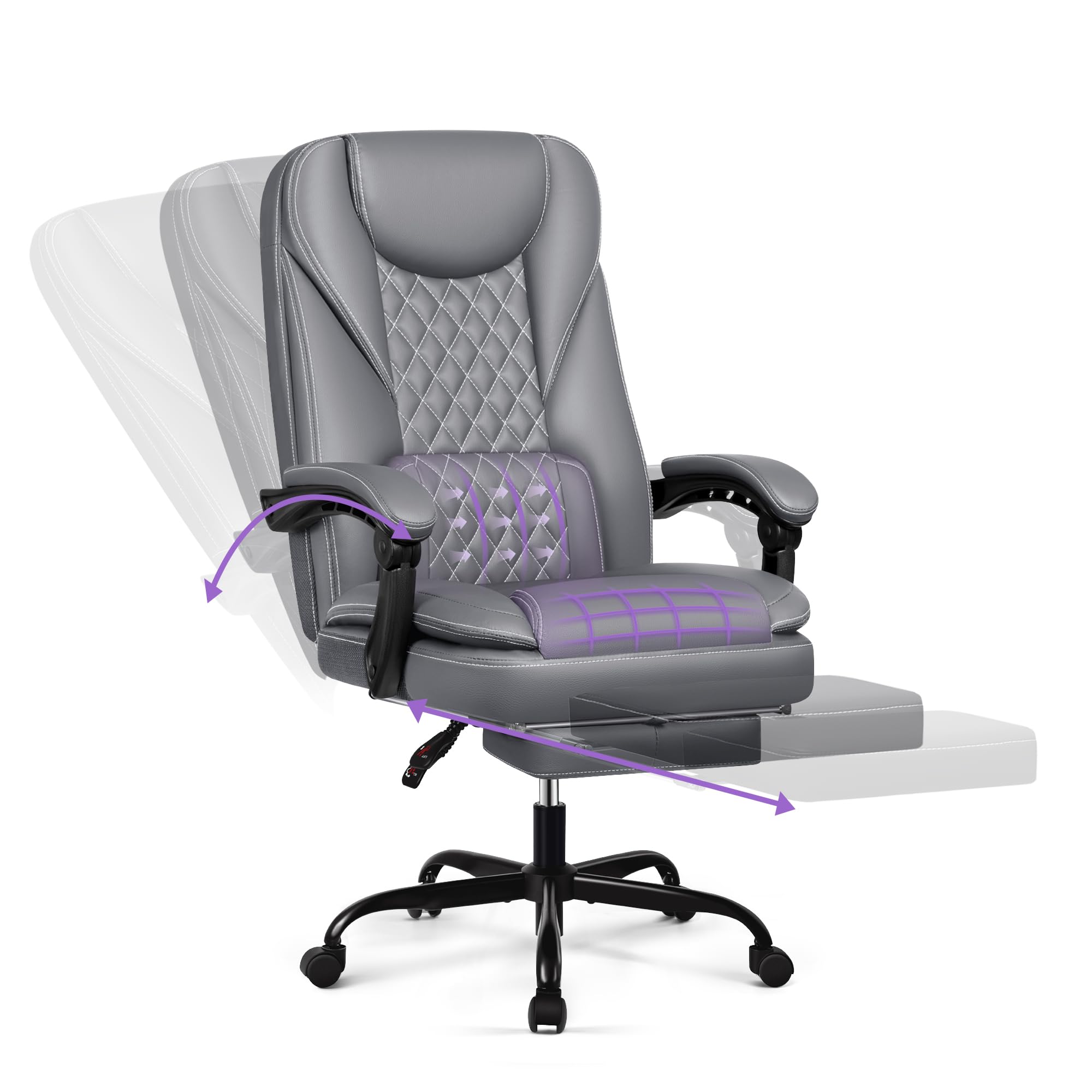 DoChair Sedia Ufficio ergonomica Fino a 140°Sedia Scrivania con Poggiapiedi Poggiatesta Funzione Dondolo in Pelle Artificiale, Grigio