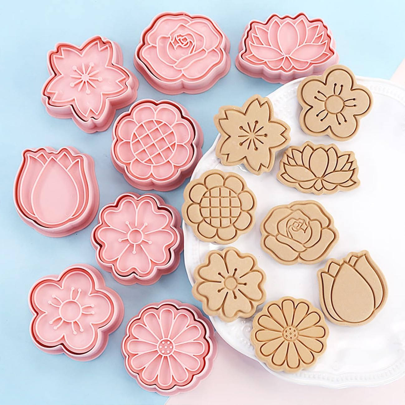 8 Flower Cookie Cutter, 3D Spring Floral Cookie Cutters with Tulip, Daisy, Sunflower, Rose, Cherry blossoms Shapes, Homemake Baking Tools for Mother's Day, Valentine, Holiday DIY Cookies (Flower Head) - Image 9