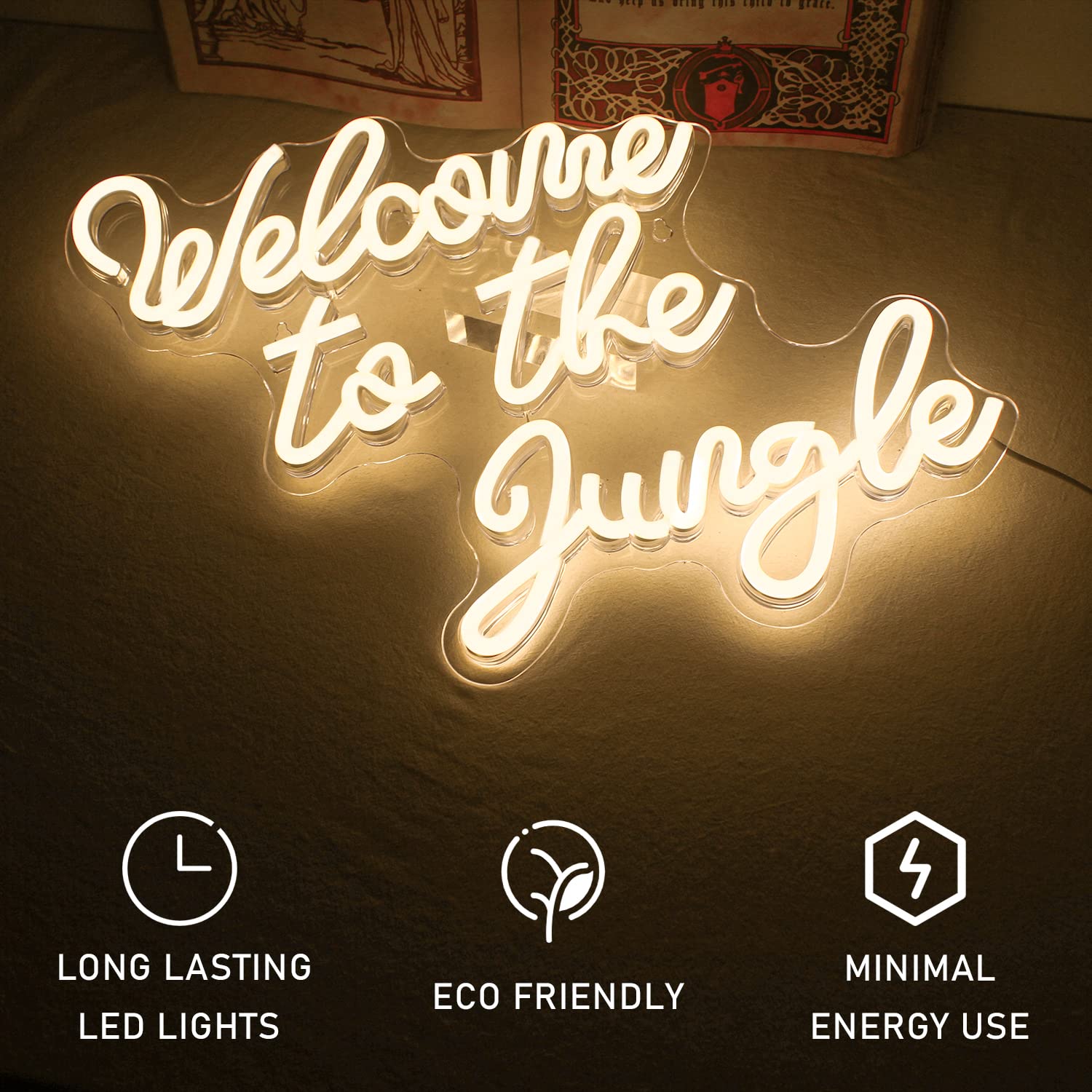 Welcome to the Jungle szyld reklamowy, biały, neonowy znak LED, słowo, neonowe światło, dekoracja ścienna, litera USB, świecąca tabliczka do ogrodu, wejścia do domu, na werandę, na imprezę, prezent