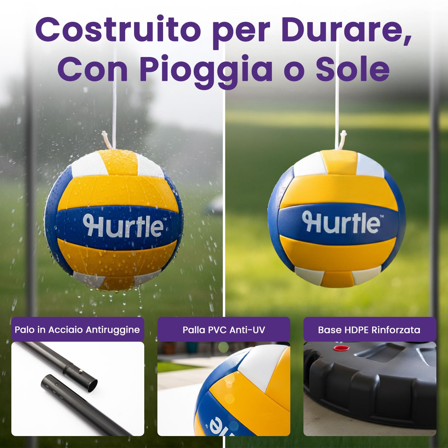 Hurtle Gioco di Tetherball con Palla e Corda, Base Pesante e Palo Regolabile 1,2–2,7 m, Gioco da Esterno Bambini, Giochi Adolescenti per Prato, Patio e Giochi per Bambini all’Aperto