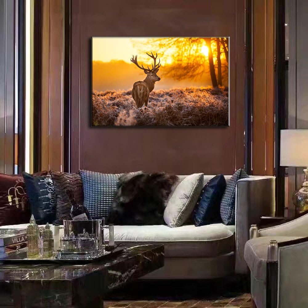 Printed Sunset Animal Deer Painting Picture Posters and Prints Wall Art on Canvas for Living Room Home Decor or Hotel Stretched Wooden Framed (20 x 24 inches)
