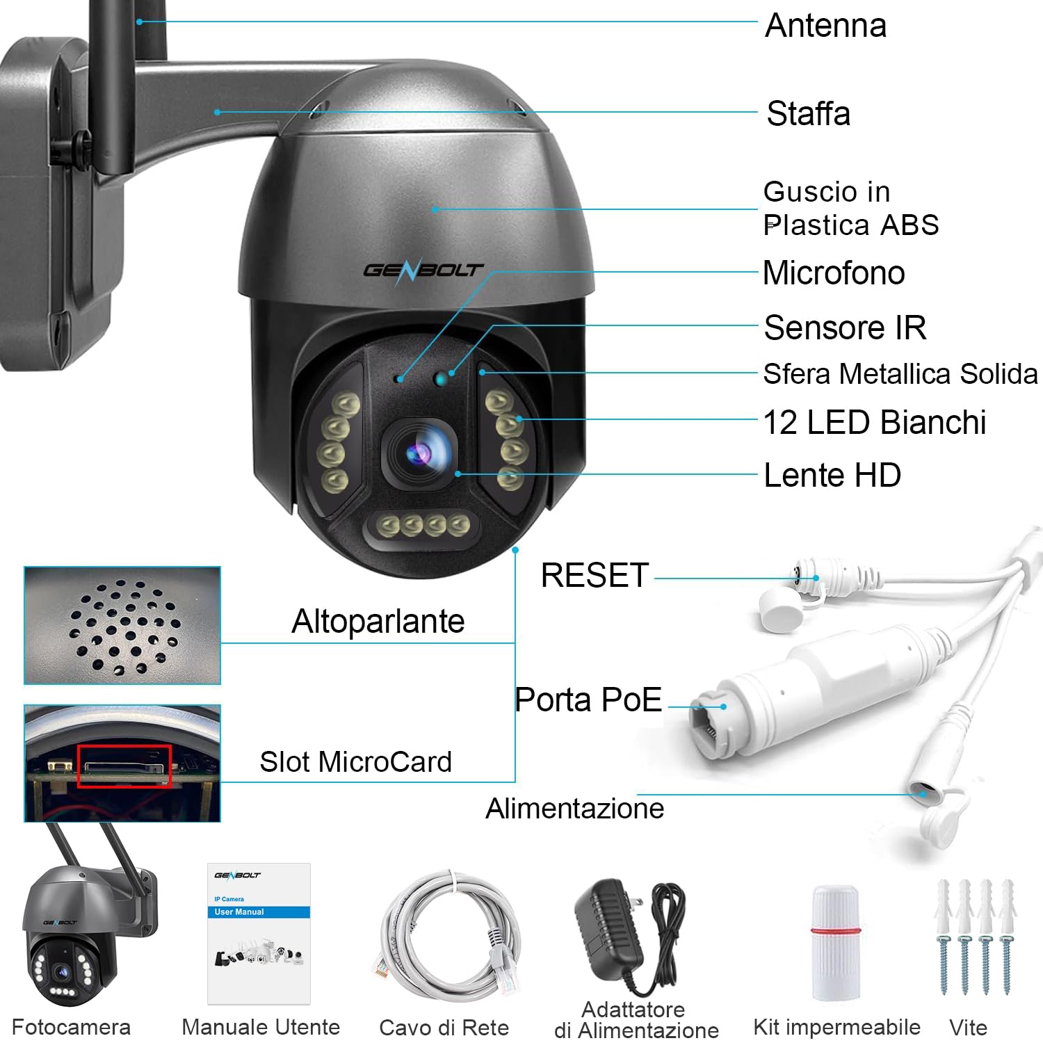 GENBOLT 4K PoE Telecamera Wi-Fi Esterno, 8MP PTZ Videocamera Sorveglianza | Rilevamento Persone/Veicoli, Registrazione 24/7, Inseguimento Auto, Visione Notturna Colore