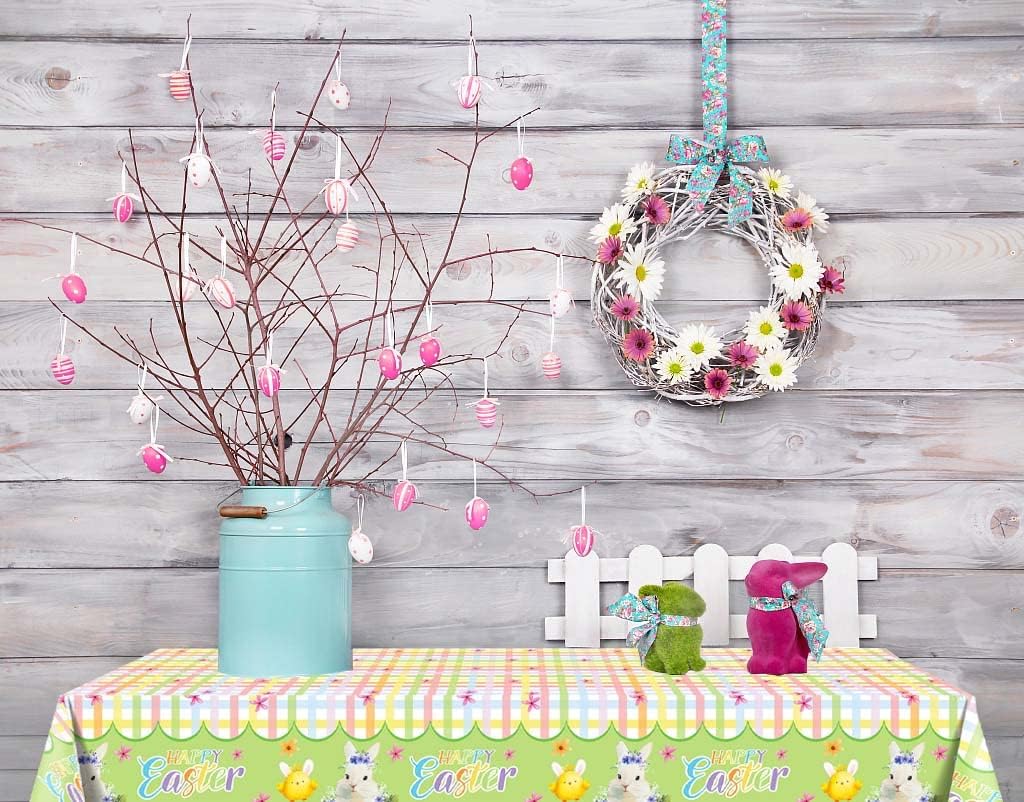 XCKALI 3 Pieces Happy Easter Tablecloths Egg Bunny Decoration Plaid Spring Disposable Plastic Tablecloth Easter Party Supplies (51 x 87 Inch)