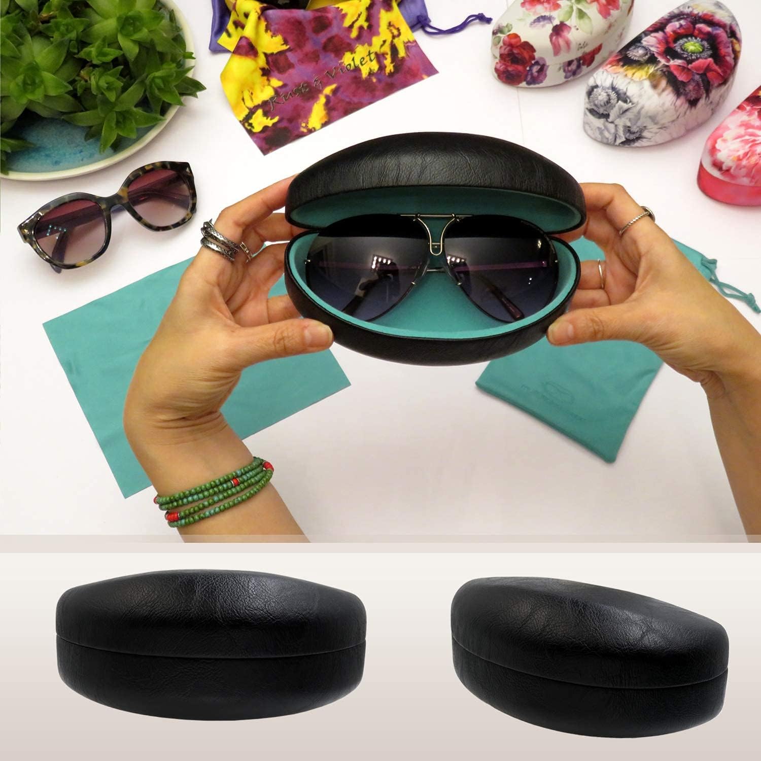 MyEyeglassCase Large Curved Sunglasses Case - Women Hard Shell Glasses Holder - XL Large Eyeglass Case with Pouch &Cloth - Image 6