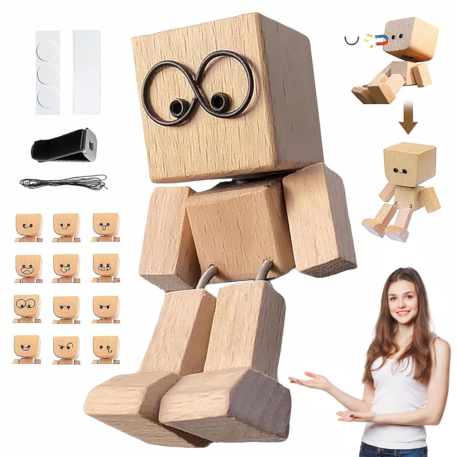 Wackelnder Holzmann Mit 12 Magnetischen Gesichtern - Lustige Auto Figur Für Armaturenbrett & Schreibtisch