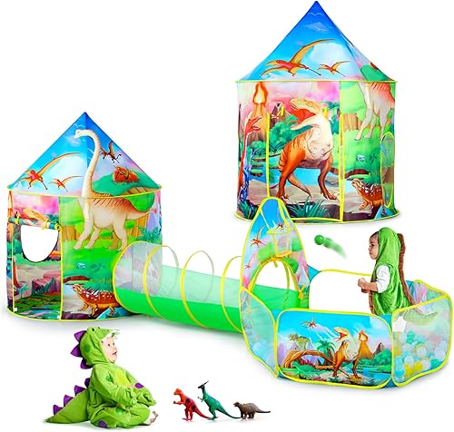 Miniatura 1 de GeerWest Tienda de campaña de dinosaurio de 3 piezas para niñas con pozo de pelotas para niños, tiendas de campaña para niños y túnel de gateo para