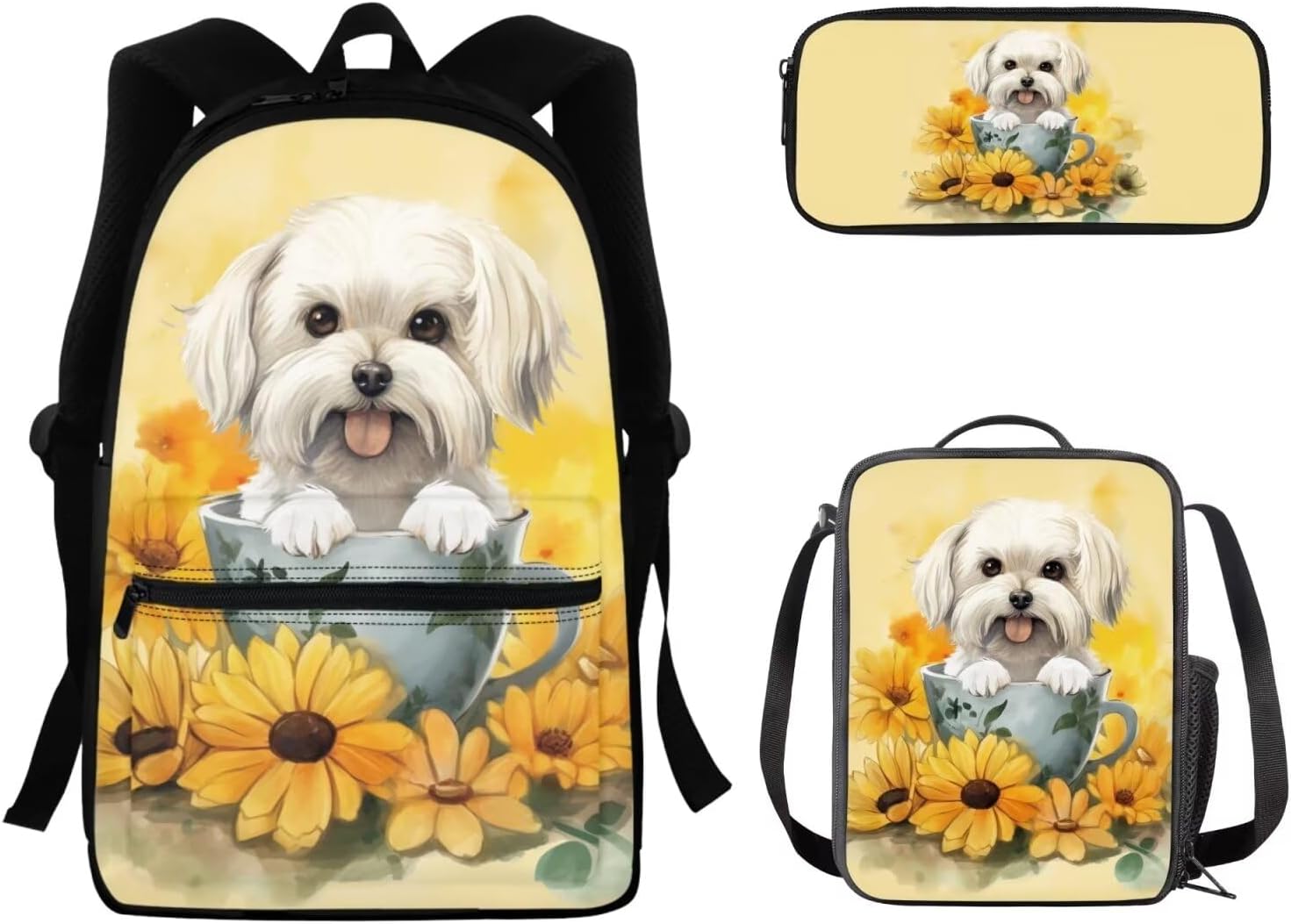 GIFTPUZZ Sunflower Dog 4Pcs Kids Backpack for Boys Girls with Lunch Bag Pencil Case Keychain Cute School Bag Set School Bags Student Bookbag for Teen Children