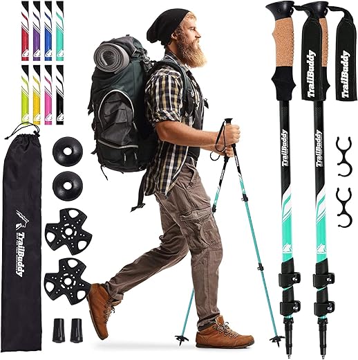 TrailBuddy Hiking Poles - Adjustable Trekking Sticks - Flip-Lock Walking Pole 2 Pck - Strong, Lightweight Aluminum Collapsible Baton w/ Cork Grip & Padded Strap