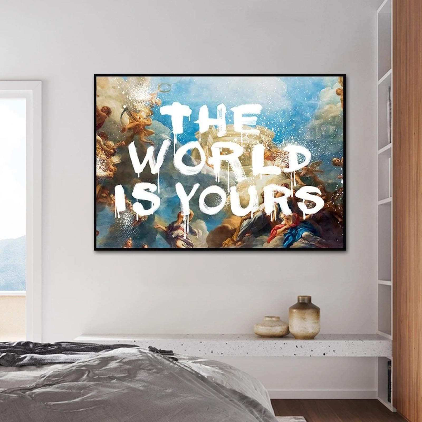 BMGKYAGL Pósteres retro El mundo es tuyo, lienzo, decoración para sala de estar, 80 x 120 cm, marco