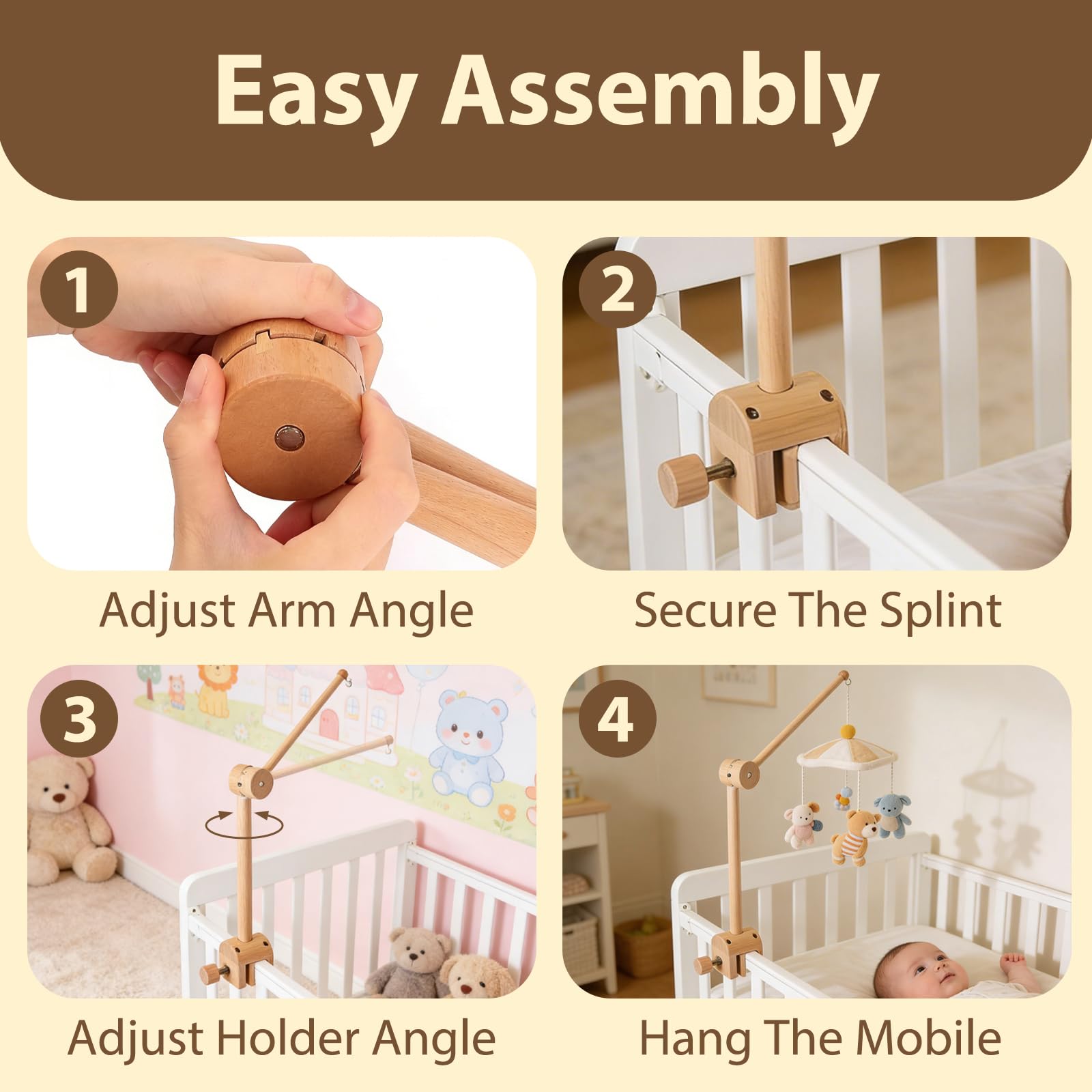 Soporte Móvil para Cuna de Bebé, Soporte de Madera Ajustable para Colgar, Brazo Extraíble 360° Rotación, Ideal Campanas de Viento, Juguetes y Decoración Habitación Infantil