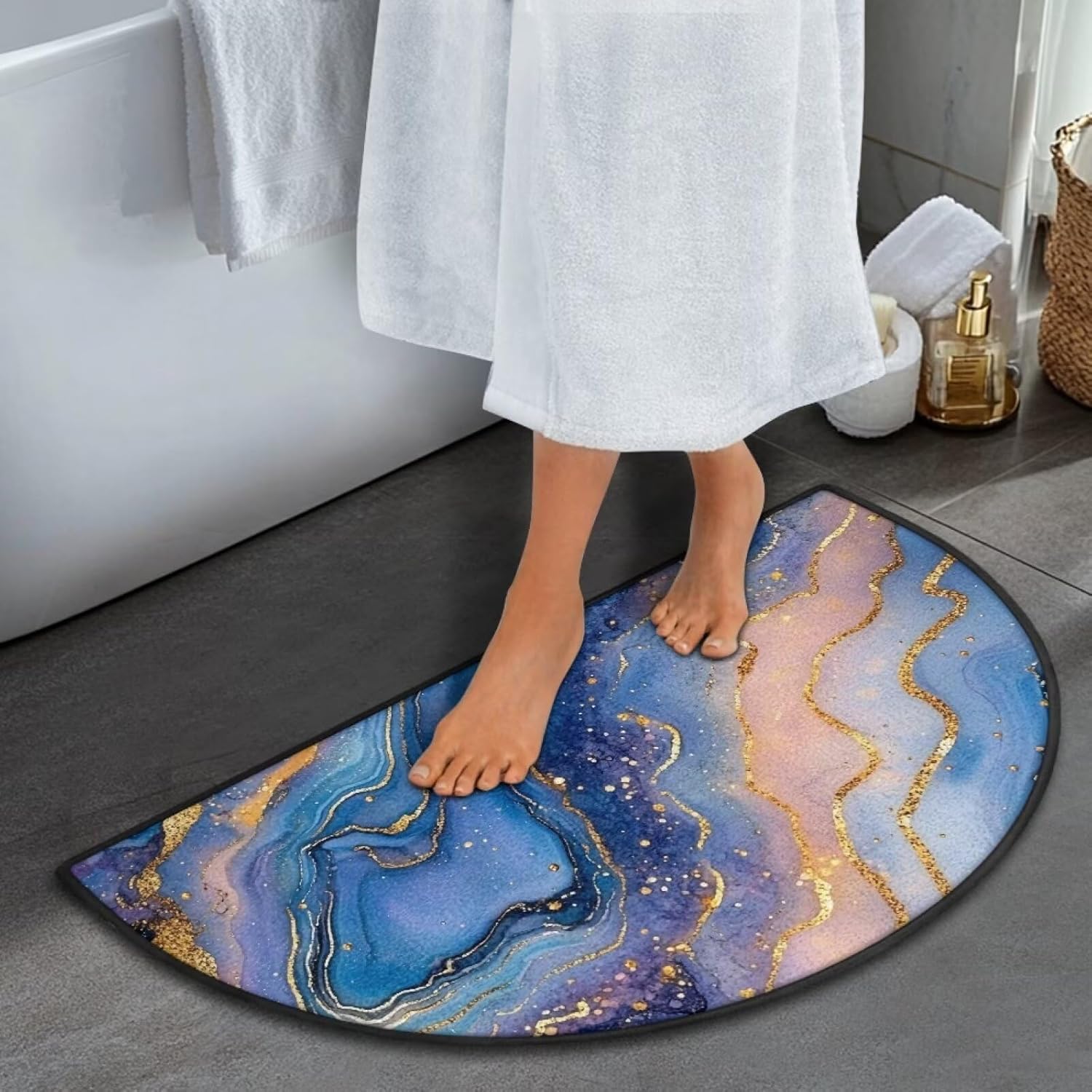 Half Round Door Mat, Blue Gold Marble Crack Print Non Slip Absorbent Entrance Doormat, Welcome Mat for Front Door for Home Kitchen Garage Patio