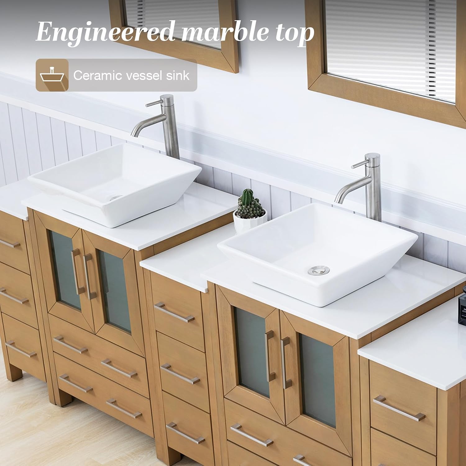 Vanity Art 84 Inch Vessel Double Sink Bathroom Vanity Cabinet with 2 Mirrors, Engineered Marble Top Bathroom Cabinet Compact Set with 13 Dovetail Drawers and Soft Closing Doors, VA3124-84-NO