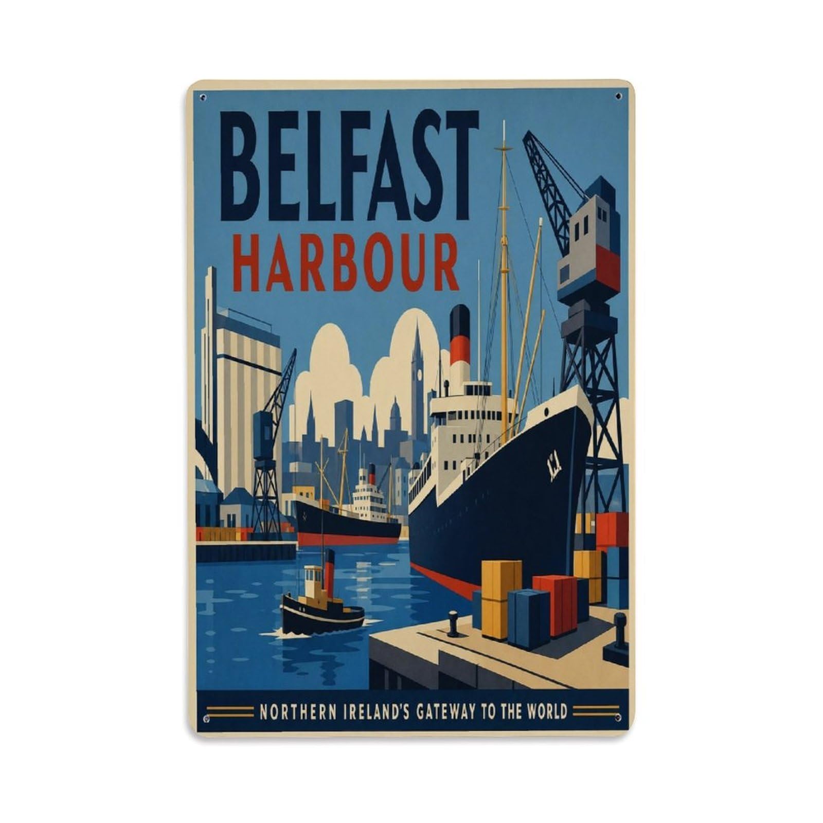 Belfast Harbor Docks Retro District Maritime Heritage Metal Tin Sign Plaque Wall Decor for Cafe, Man Cave, Club Bar, Office, Home Garden Round Metal Poster 8x12Inch