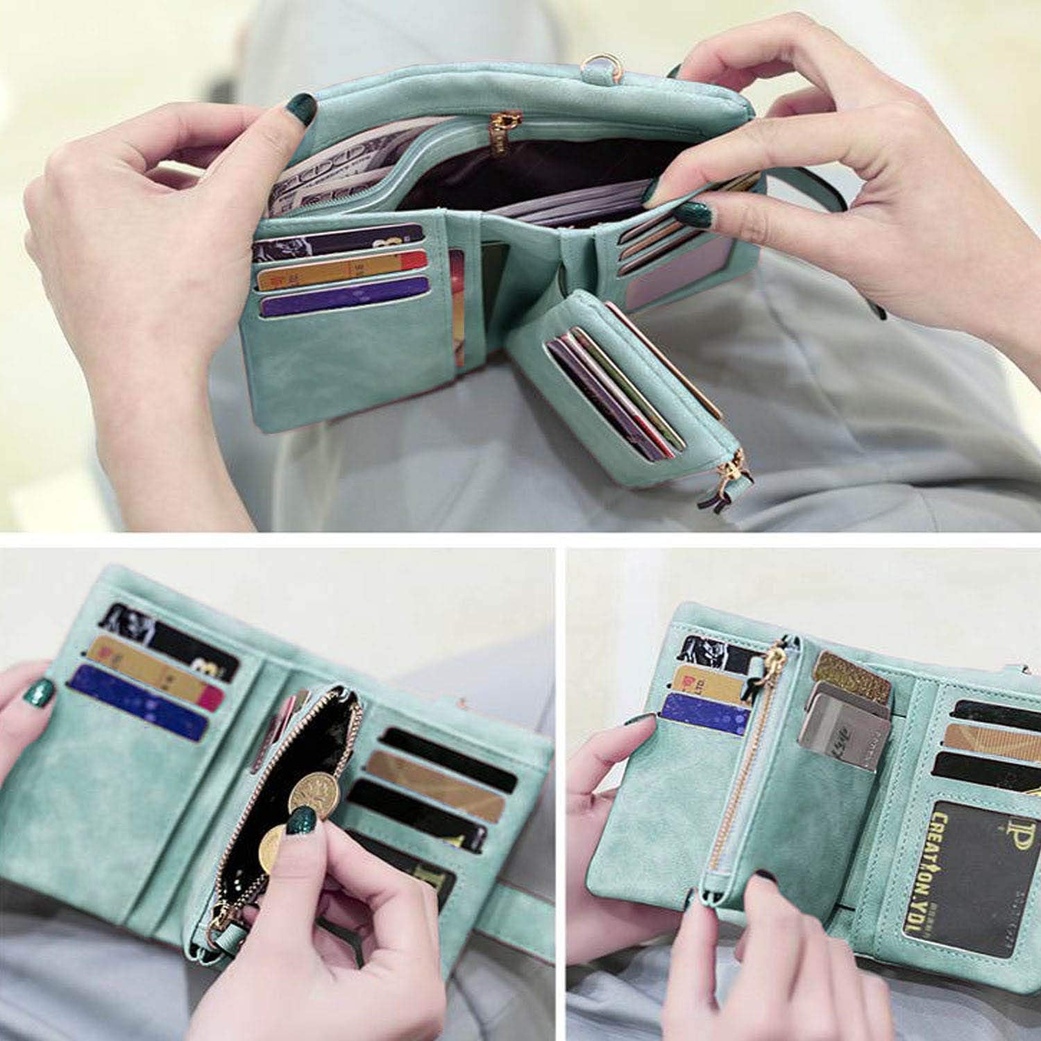 PofeeXIO Womens Small Bifold Leather Wallets RFID Ladies Wristlet with Card Slots id Window Zipper Coin Purse image 4