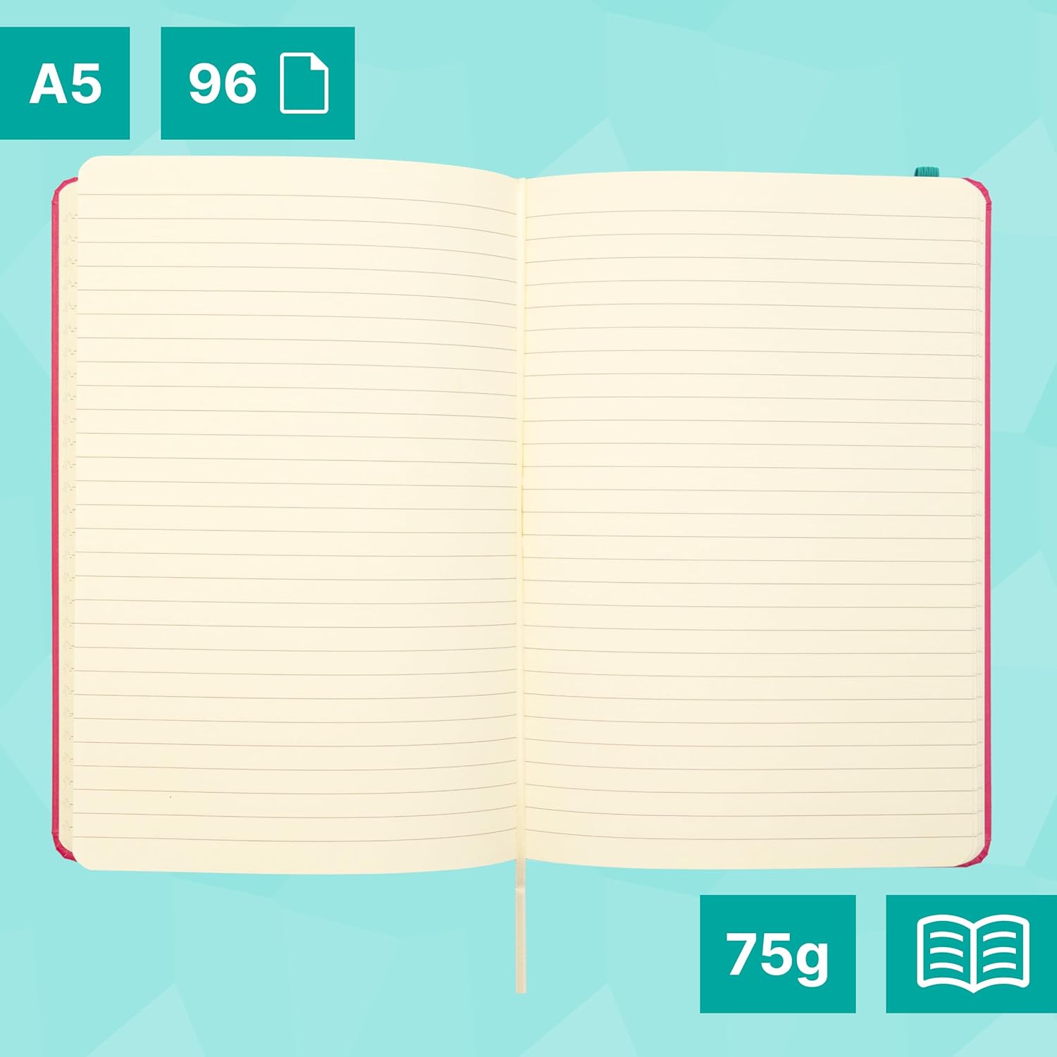 Campus A5 Notebook, Bullet Journal with Horizontal Ruled 7 mm, Hardcover Stitched Notebook with 96 75 g Sheets, Elastic Closure, Pocket and Bookmark. (A5, Horizontal Ruled, Pink)