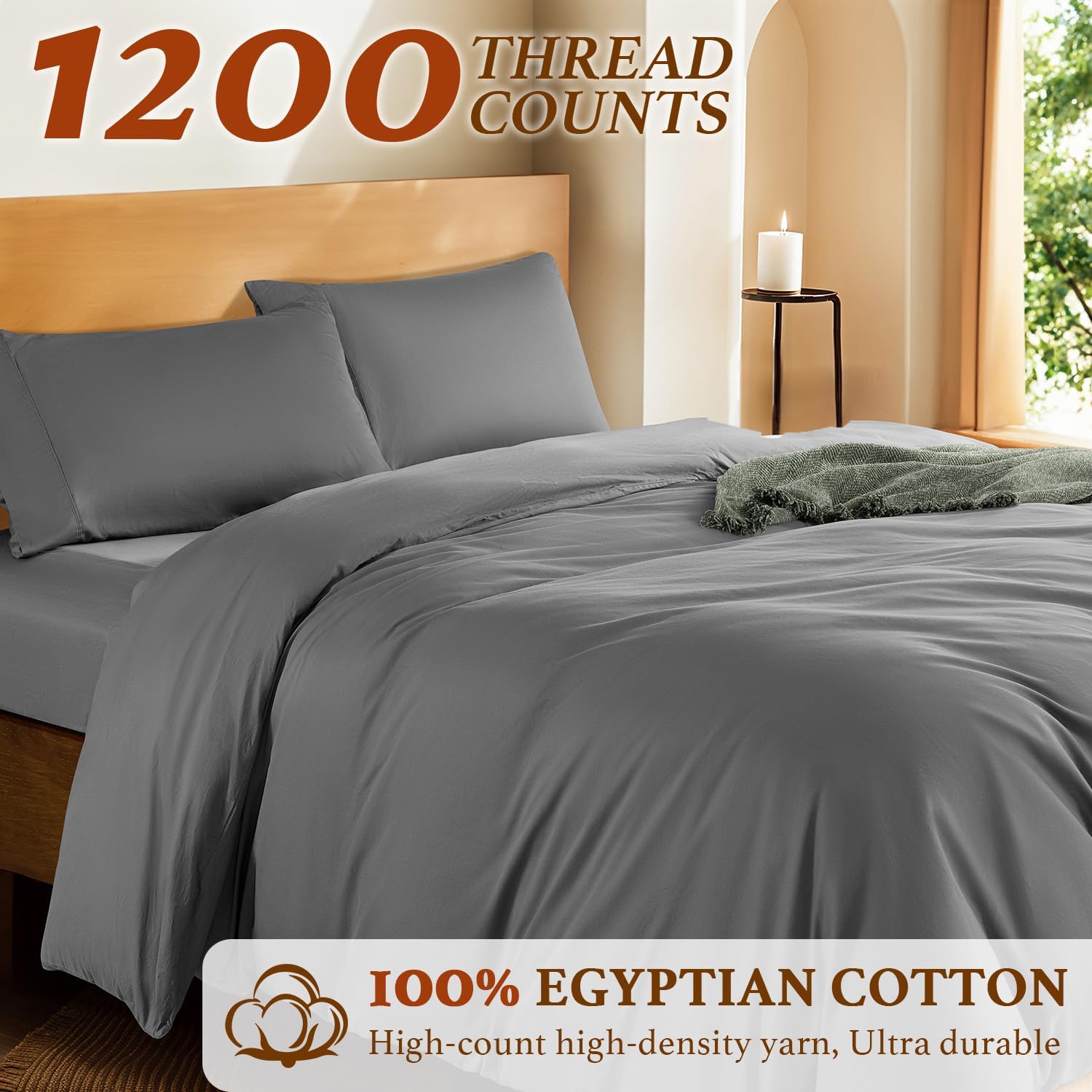 DEITAS 100% Cotton Duvet Covers - 1200 Thread Count, Luxury Egyptian Cotton Comforter Cover, Hotel Bedding Duvet Covers 3 Piece (Queen,Grey)