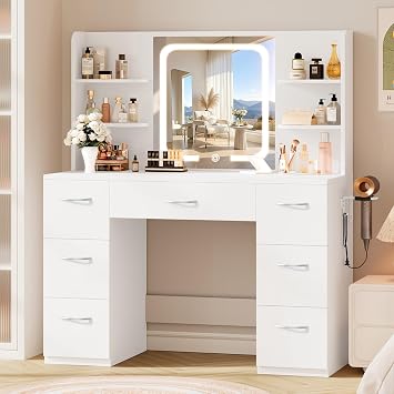 LIVELYGLOW 43" Large White Makeup Vanity Desk with Charging Station