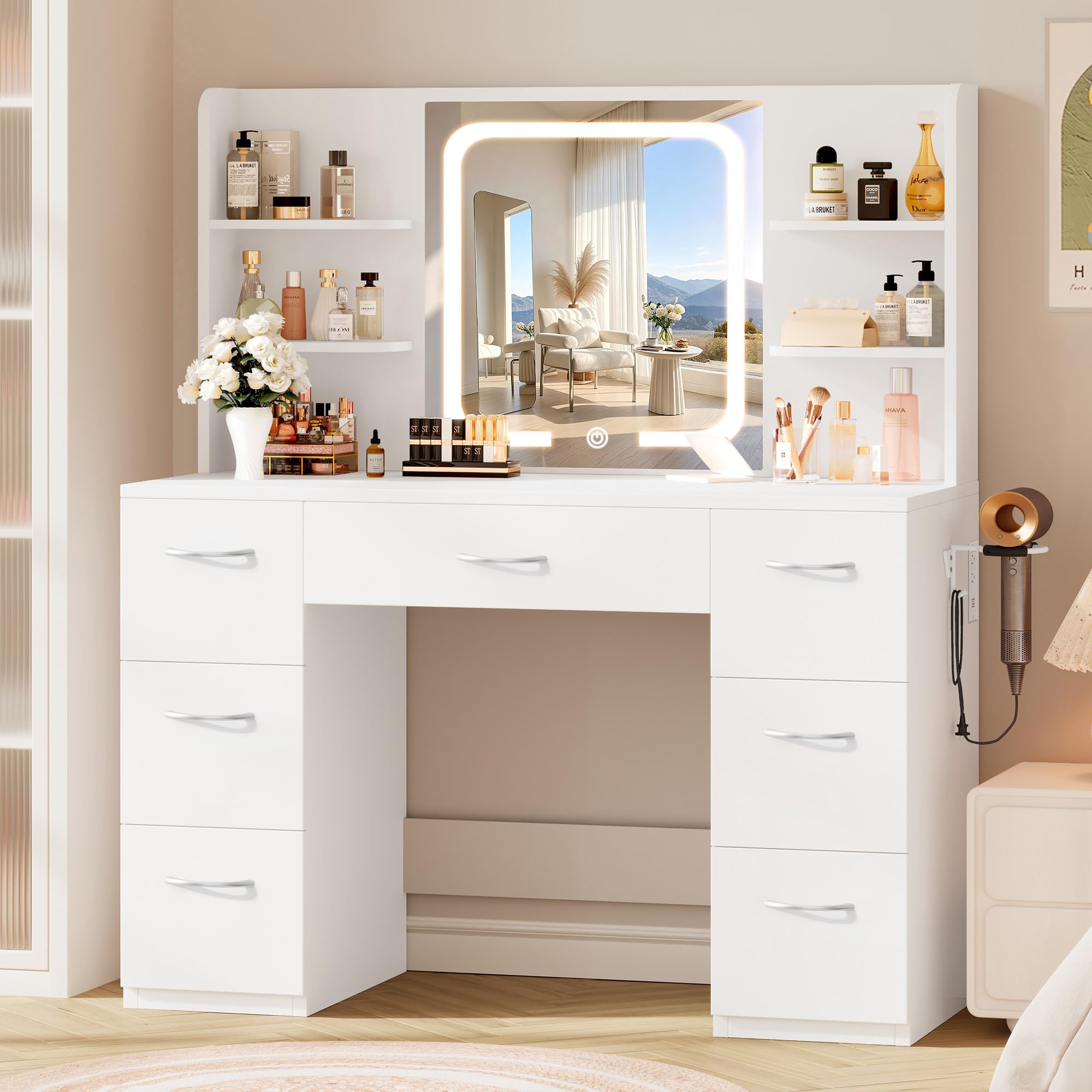 LIVELYGLOW 43 Inch Large White Makeup Vanity Desk