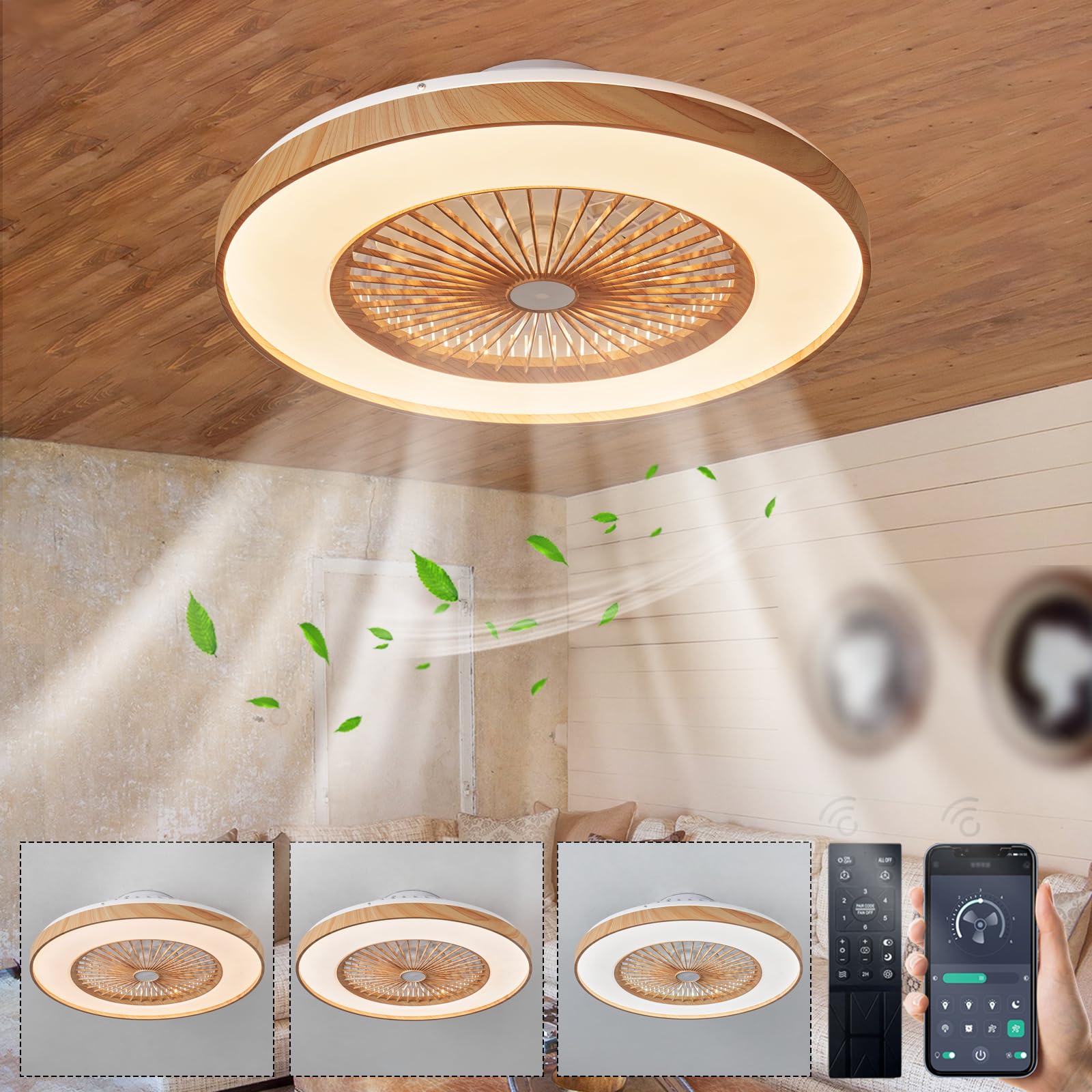 Caunmar Ventilador De Techo Con Luz Sin Aspas, Lampara Techo Con Ventilador Sin Aspas Silencioso, Reversibles Motor DC, Regulable, Plafon Con Ventilador Para Dormitorio Salon, Color De Vetas De Madera