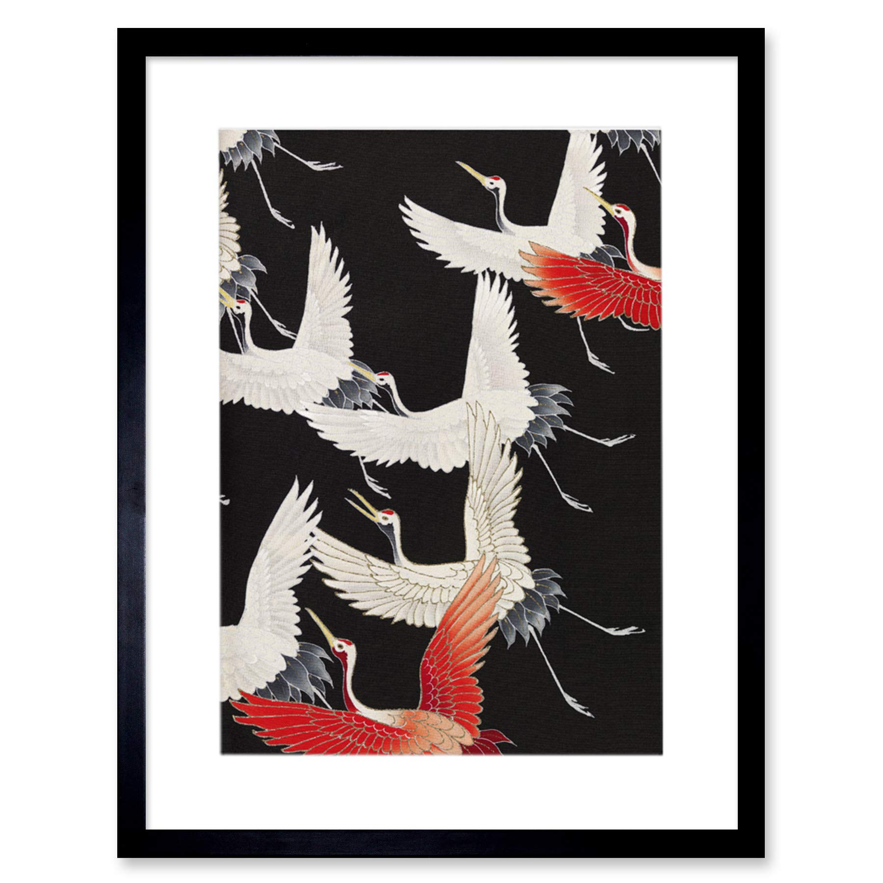Wee Blue Coo Japanese Crane Kimono Pattern Artwork Framed Wall Art Print 12X16 Inch