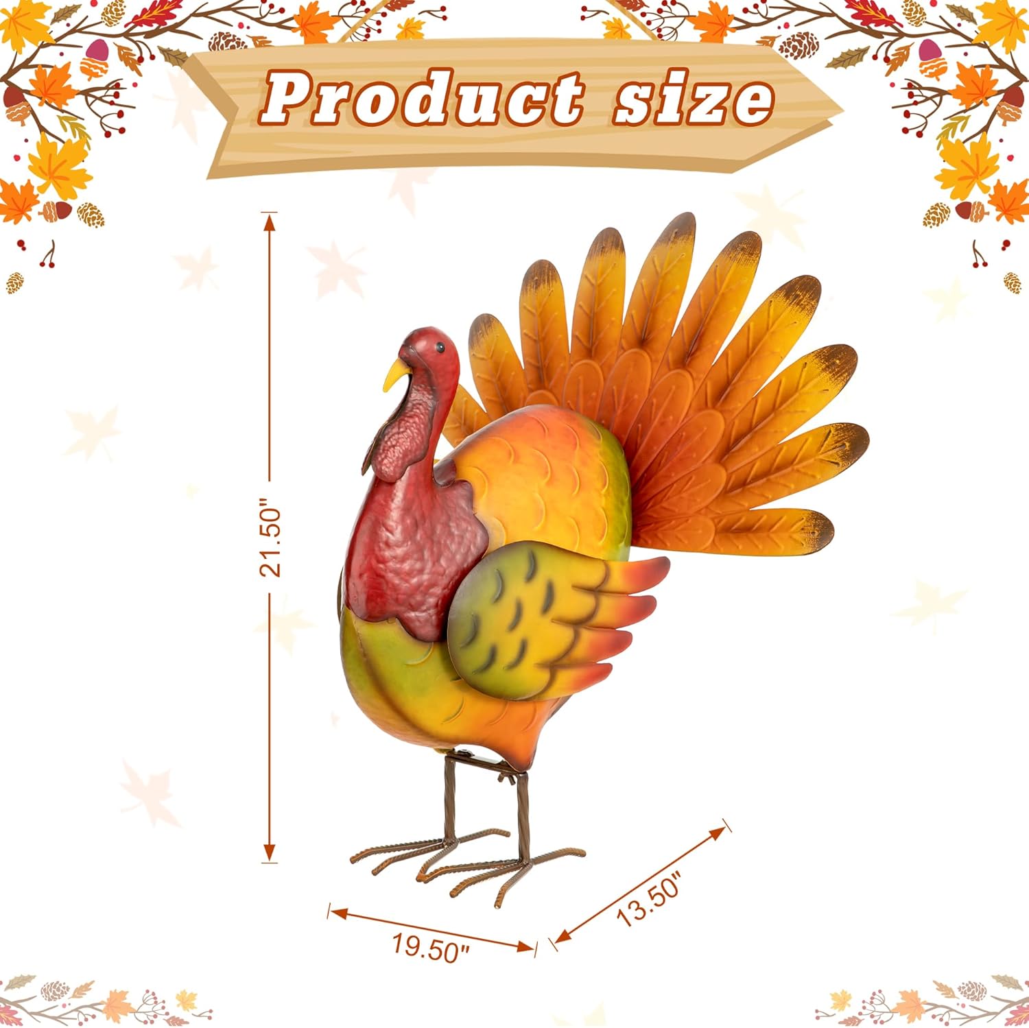 Diagram showing the dimensions of the Glitzhome Metal Turkey Porch Decor, indicating a height of 21.5 inches, length of 19.5 inches, and width of 13.5 inches.