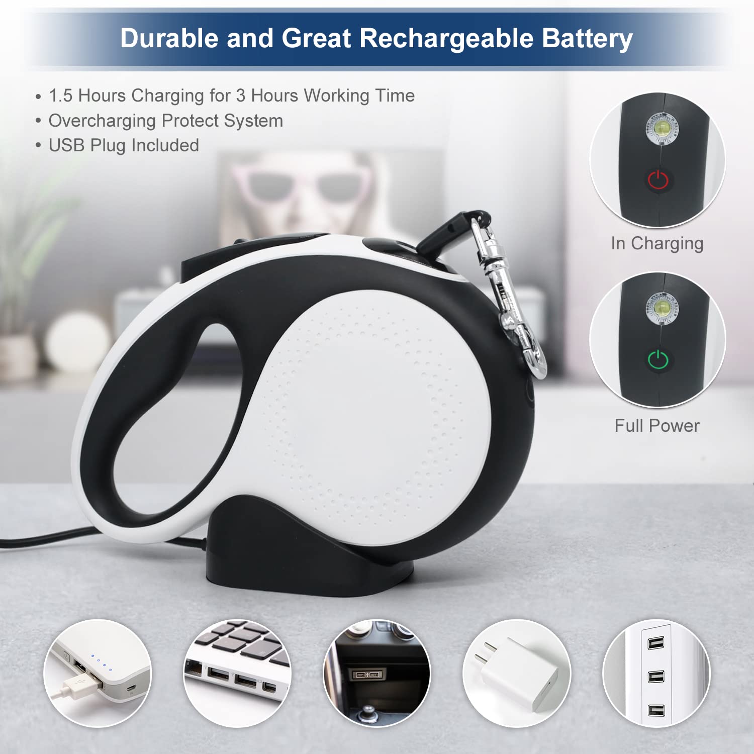 Laisse rétractable avec lumière LED rechargeable pour promenades nocturnes, laisse de promenade pour chien de 4,9 m avec câble anti-mastication, pour chiens pesant jusqu'à 30 kg (noir bleu)
