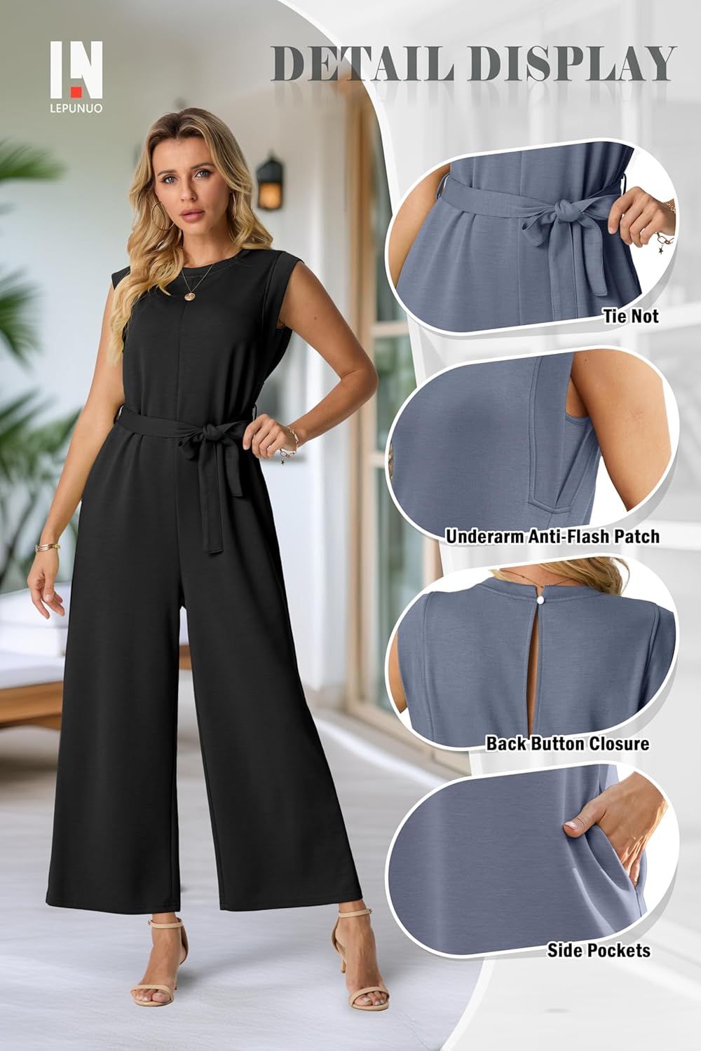 Lepunuo Jumpsuits for Women Dressy Casual Crewneck One Piece Overalls Wide Leg Jumpers Wrinkle-Free Tie Knot Rompers - Image 2