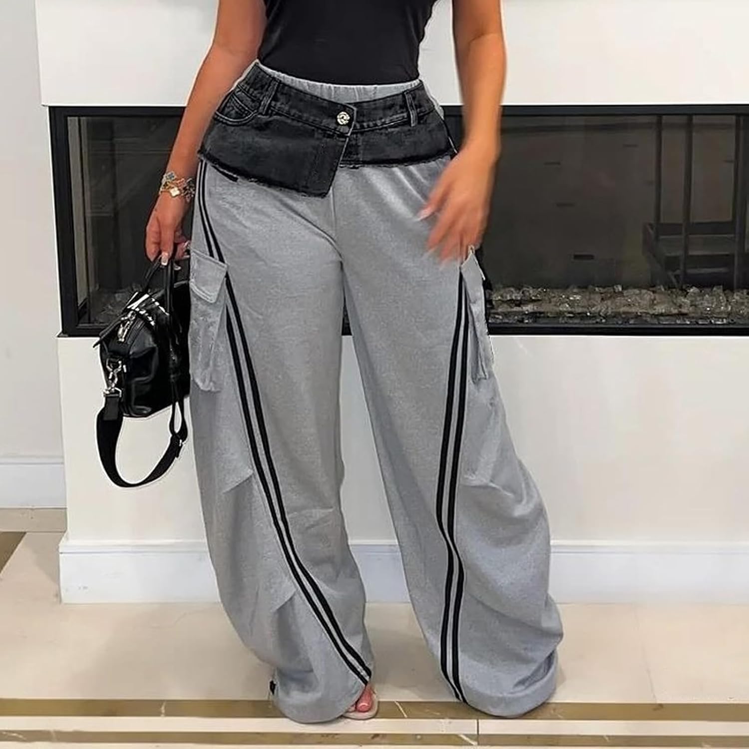 ThusFar Women High Waist Wide Leg Sweatpants with Patchwork Jean Straight Leg Striped Denim Pants Trendy Jean - Image 2